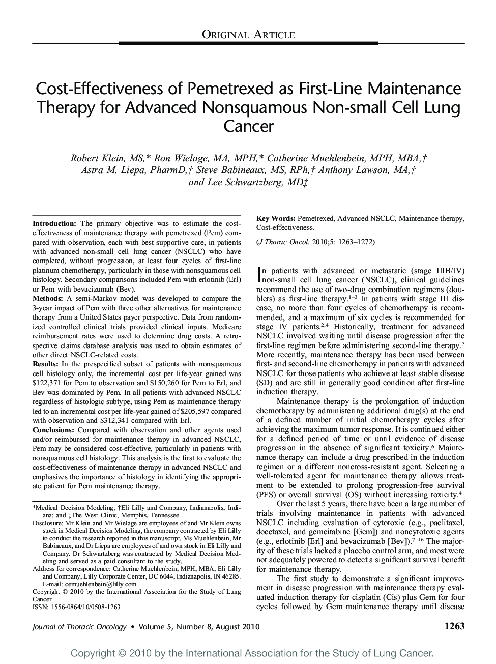 Cost-Effectiveness of Pemetrexed as First-Line Maintenance Therapy for Advanced Nonsquamous Non-small Cell Lung Cancer 