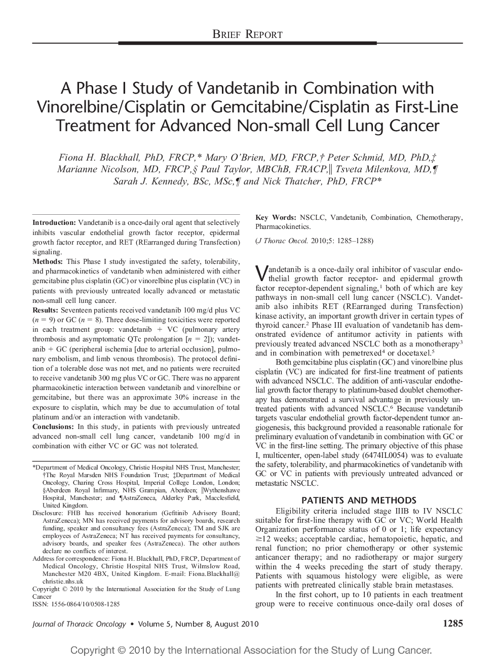 A Phase I Study of Vandetanib in Combination with Vinorelbine/Cisplatin or Gemcitabine/Cisplatin as First-Line Treatment for Advanced Non-small Cell Lung Cancer 