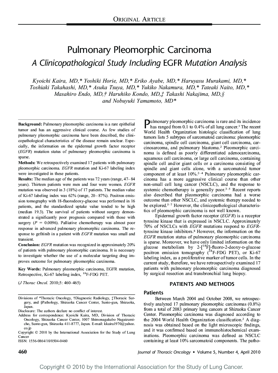 Pulmonary Pleomorphic Carcinoma: A Clinicopathological Study Including EGFR Mutation Analysis 