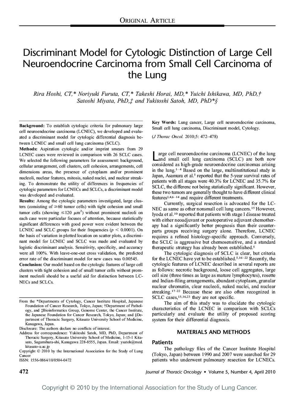 Discriminant Model for Cytologic Distinction of Large Cell Neuroendocrine Carcinoma from Small Cell Carcinoma of the Lung 