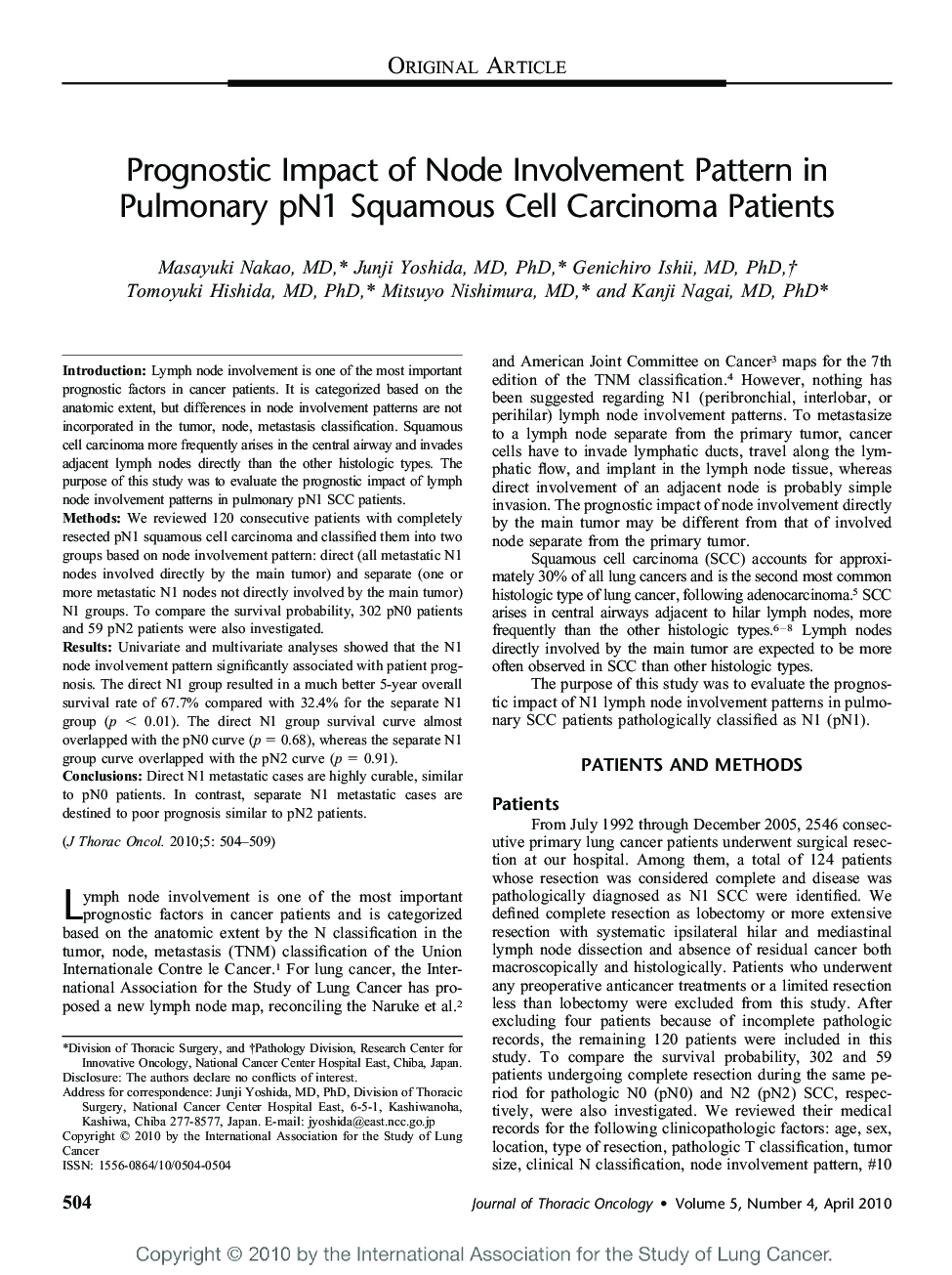 عکس صفحه اول مقاله: Prognostic Impact of Node Involvement Pattern in Pulmonary pN1 Squamous Cell Carcinoma Patients Prognostic Impact of Node Involvement Pattern in Pulmonary pN1 Squamous Cell Carcinoma Patients