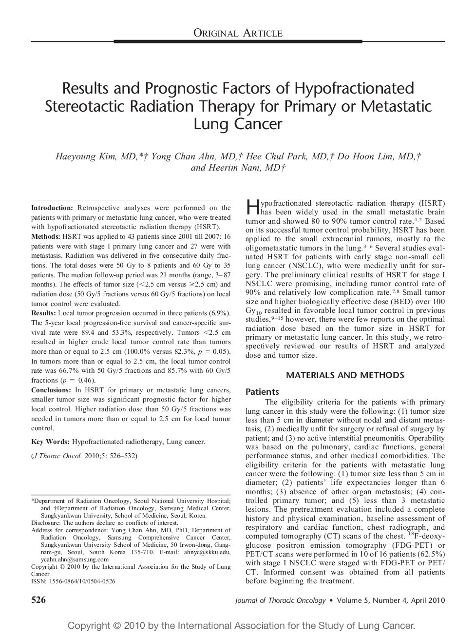 Results and Prognostic Factors of Hypofractionated Stereotactic Radiation Therapy for Primary or Metastatic Lung Cancer 