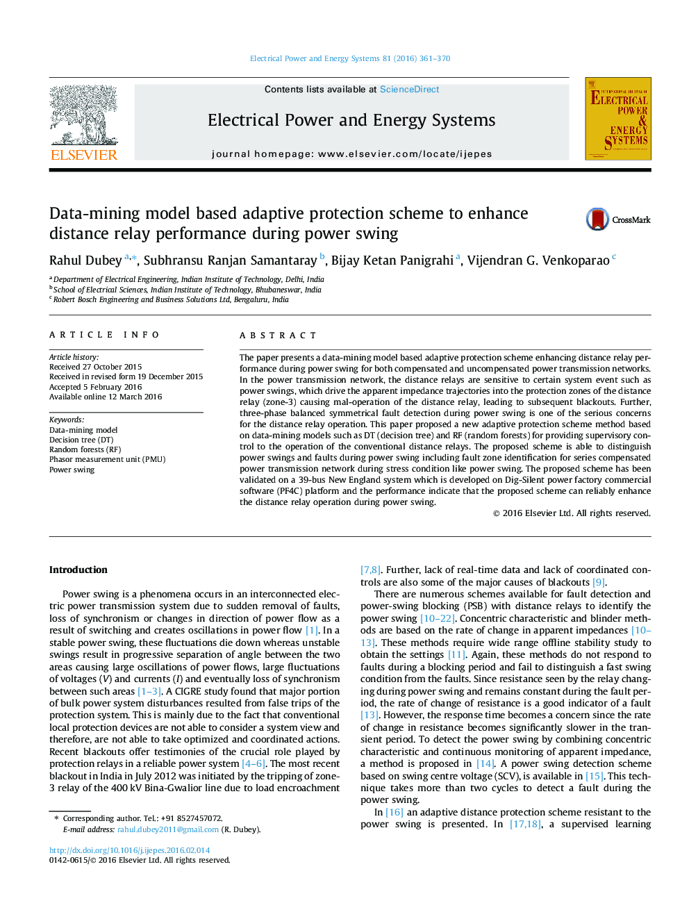 Data-mining model based adaptive protection scheme to enhance distance relay performance during power swing