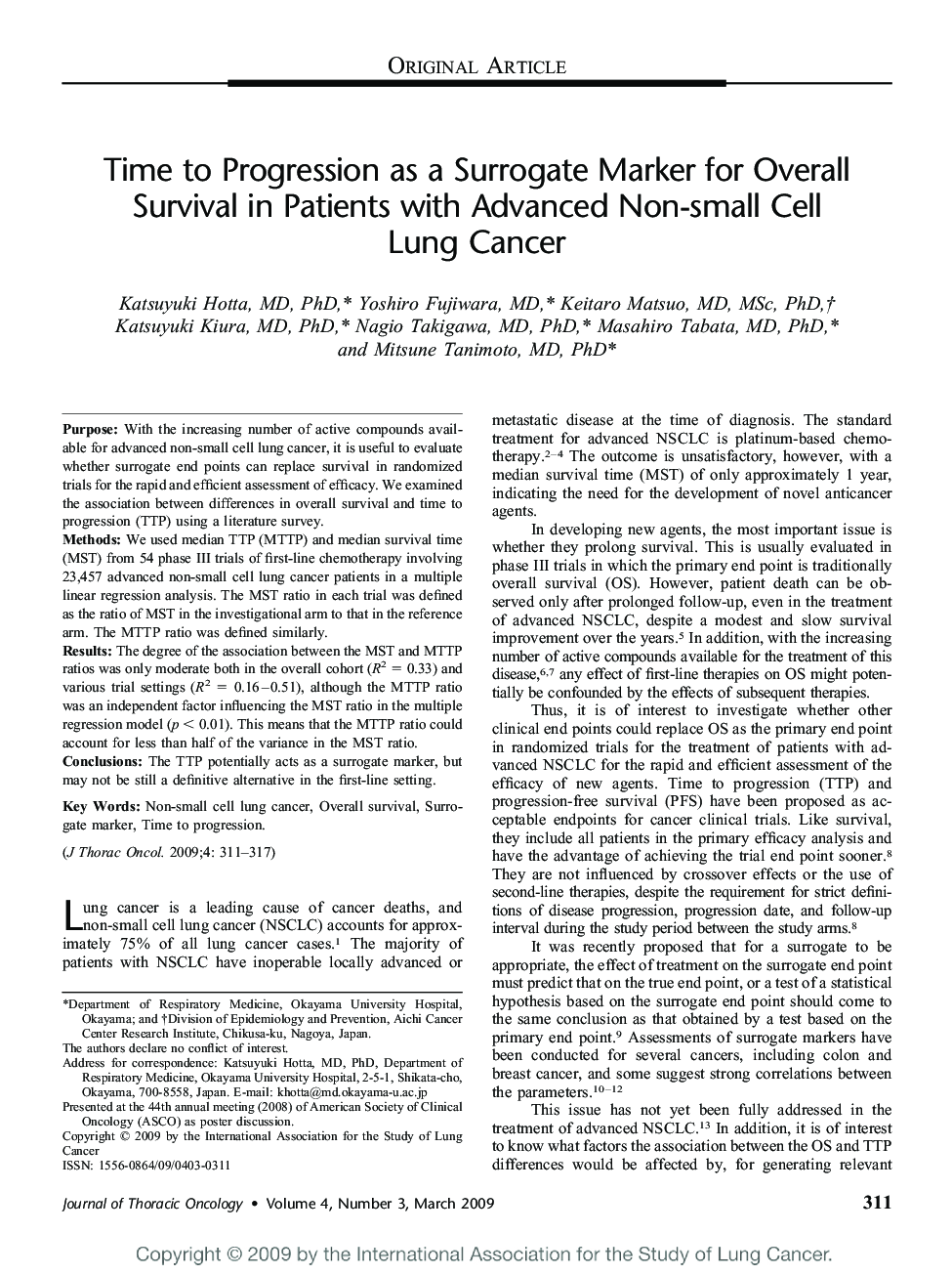 Time to Progression as a Surrogate Marker for Overall Survival in Patients with Advanced Non-small Cell Lung Cancer 