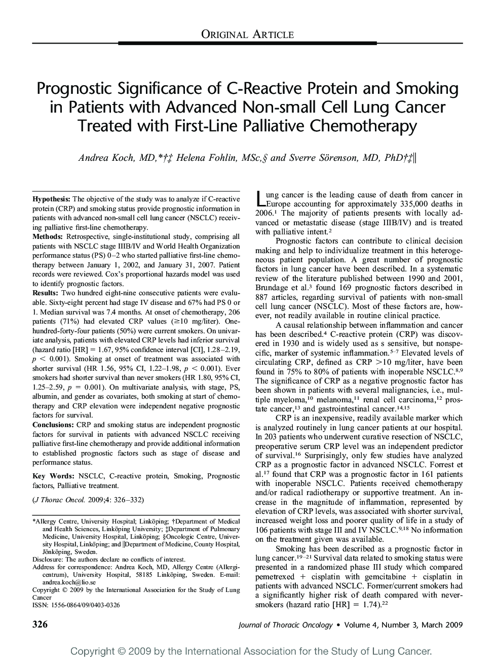 Prognostic Significance of C-Reactive Protein and Smoking in Patients with Advanced Non-small Cell Lung Cancer Treated with First-Line Palliative Chemotherapy 