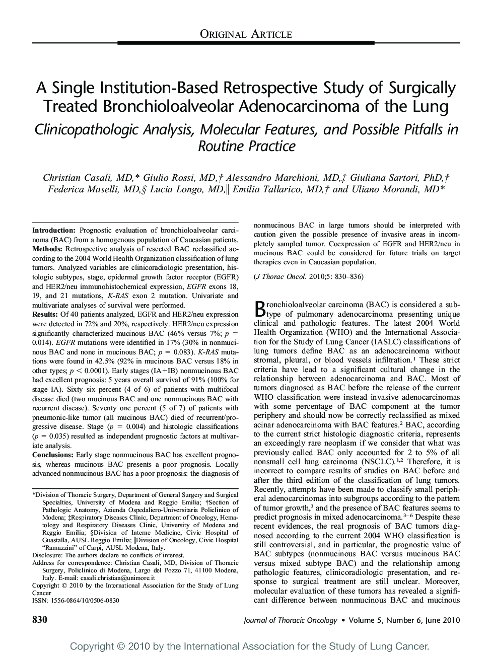 A Single Institution-Based Retrospective Study of Surgically Treated Bronchioloalveolar Adenocarcinoma of the Lung: Clinicopathologic Analysis, Molecular Features, and Possible Pitfalls in Routine Practice 
