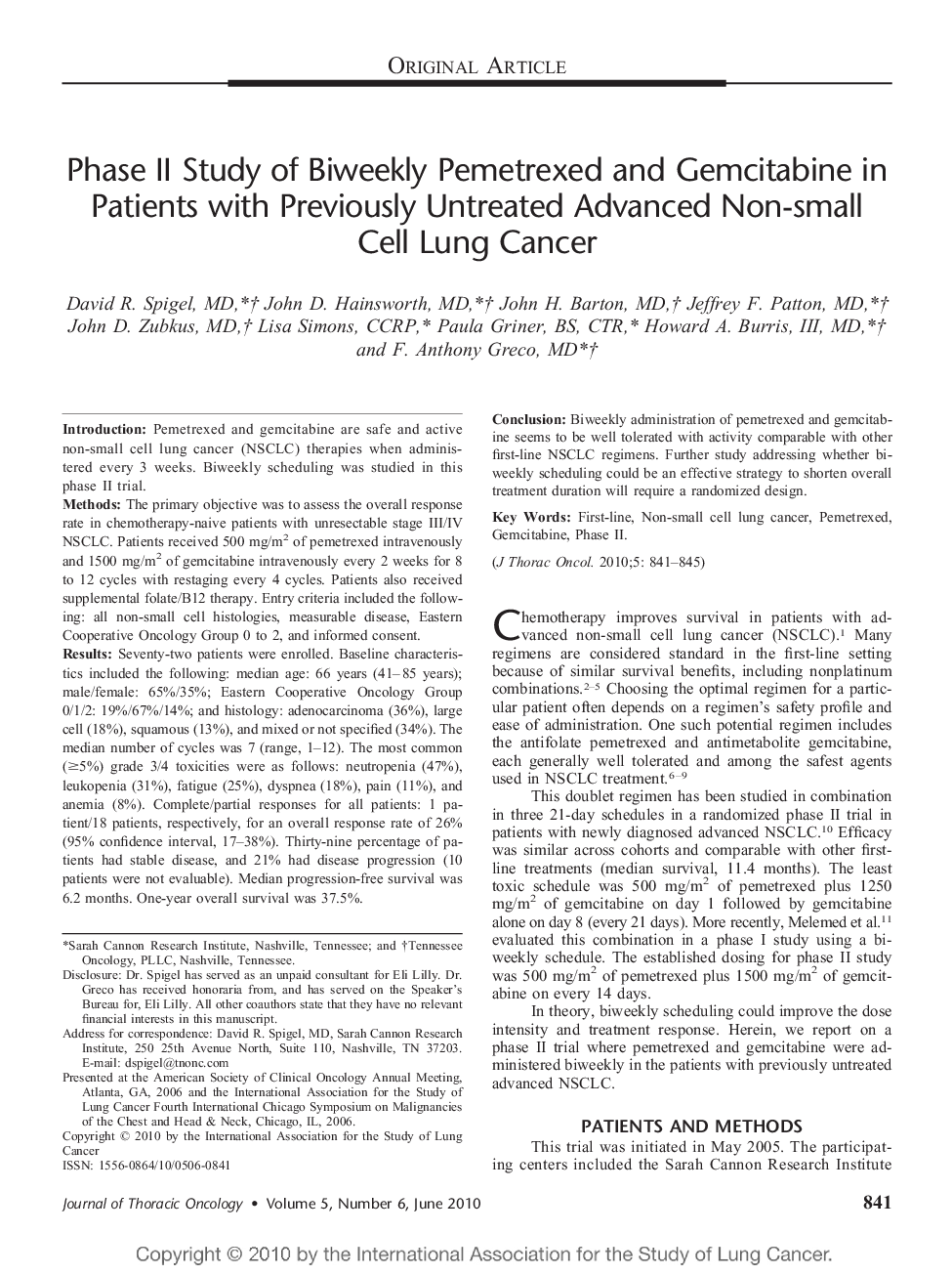 Phase II Study of Biweekly Pemetrexed and Gemcitabine in Patients with Previously Untreated Advanced Non-small Cell Lung Cancer 