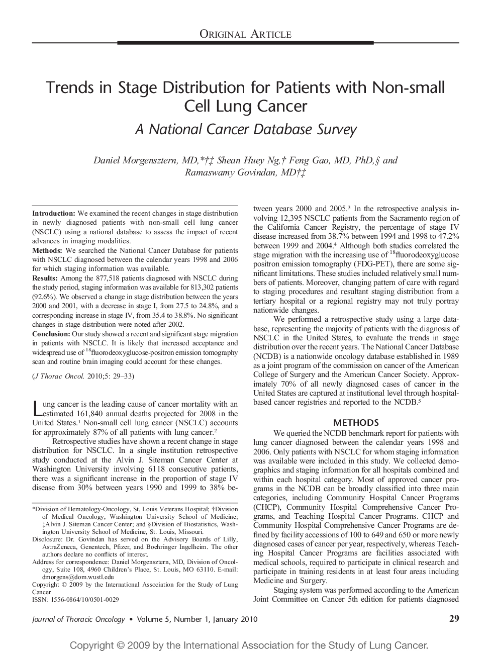 Trends in Stage Distribution for Patients with Non-small Cell Lung Cancer: A National Cancer Database Survey 
