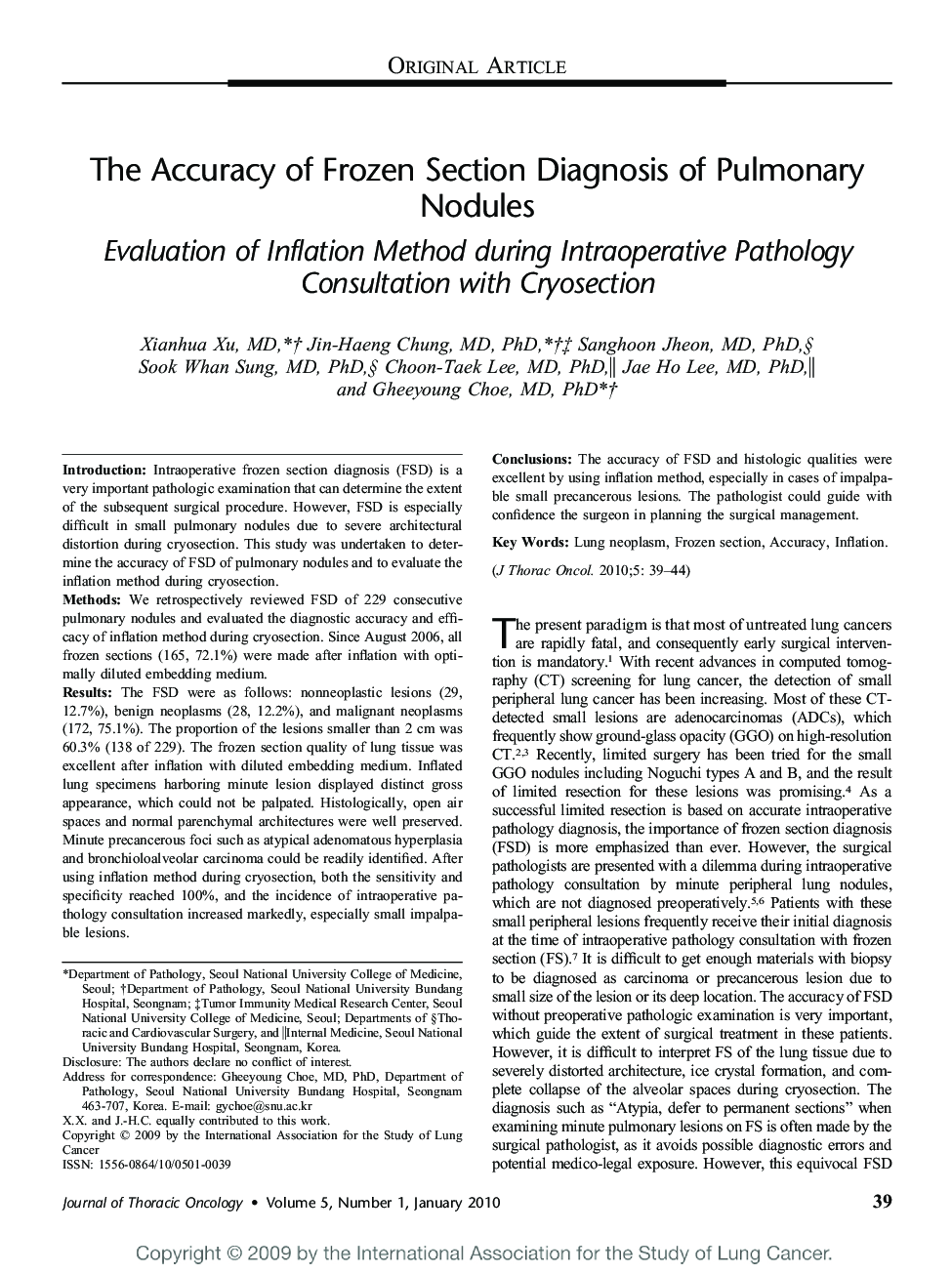 The Accuracy of Frozen Section Diagnosis of Pulmonary Nodules: Evaluation of Inflation Method during Intraoperative Pathology Consultation with Cryosection 