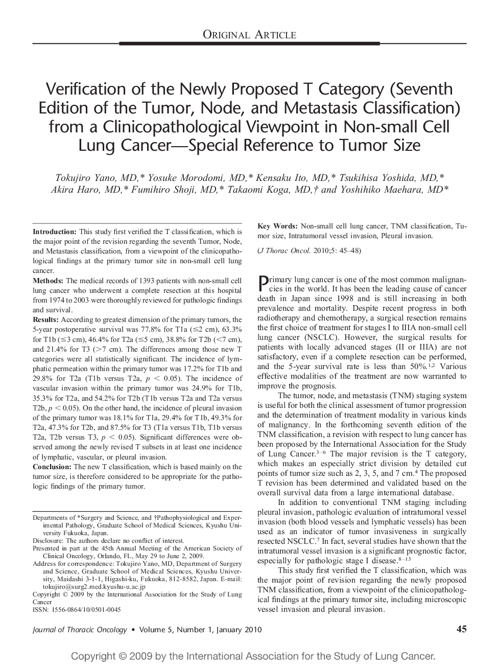 Verification of the Newly Proposed T Category (Seventh Edition of the Tumor, Node, and Metastasis Classification) from a Clinicopathological Viewpoint in Non-small Cell Lung Cancer-Special Reference to Tumor Size