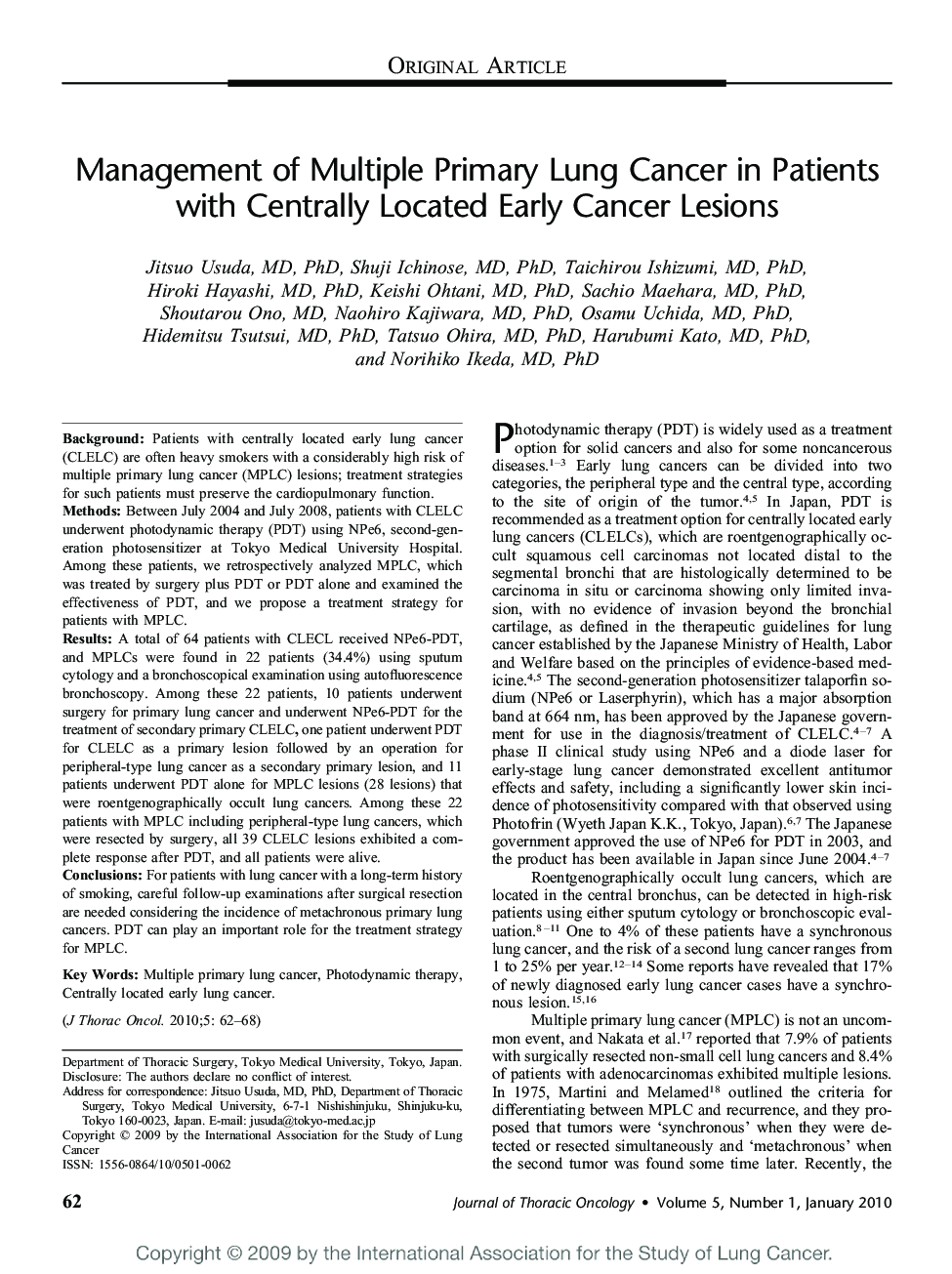 Management of Multiple Primary Lung Cancer in Patients with Centrally Located Early Cancer Lesions 