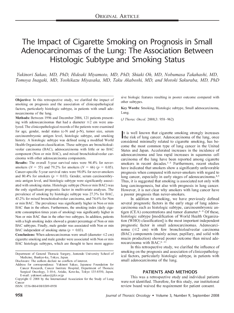 The Impact of Cigarette Smoking on Prognosis in Small Adenocarcinomas of the Lung: The Association Between Histologic Subtype and Smoking Status
