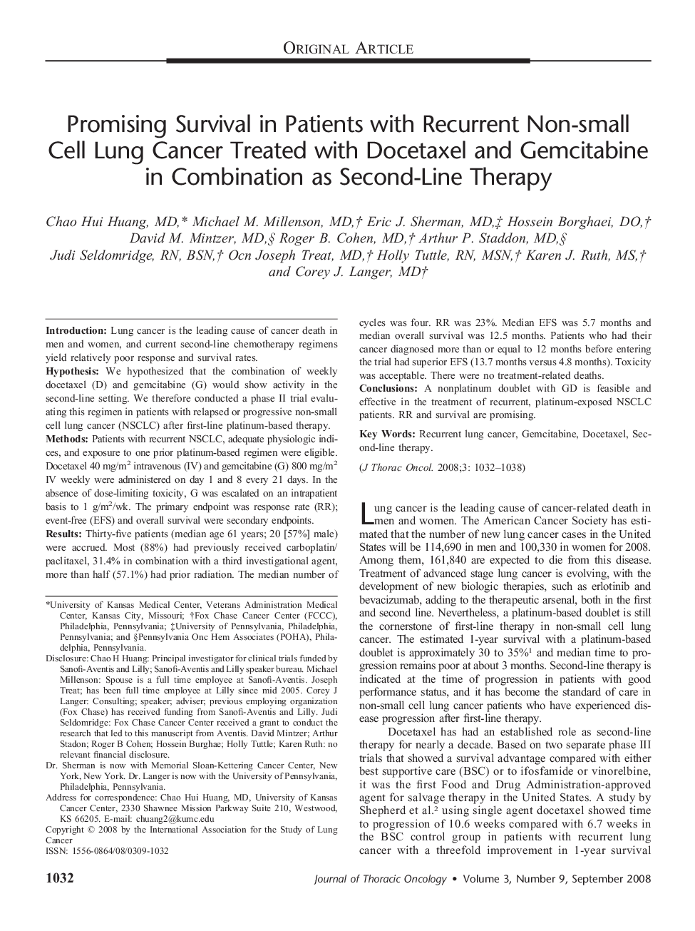 Promising Survival in Patients with Recurrent Non-small Cell Lung Cancer Treated with Docetaxel and Gemcitabine in Combination as Second-Line Therapy 