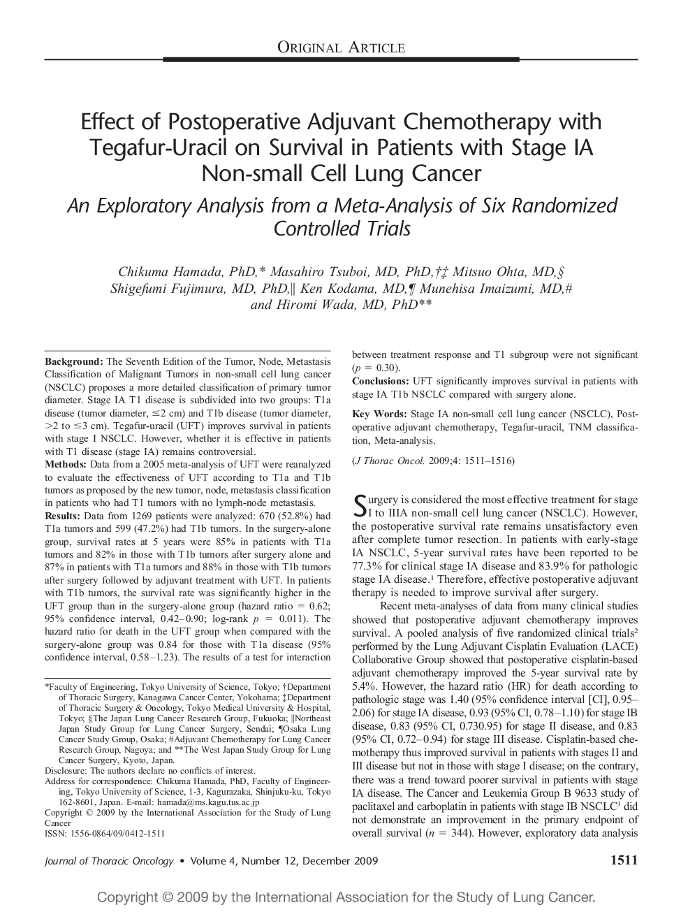 Effect of Postoperative Adjuvant Chemotherapy with Tegafur-Uracil on Survival in Patients with Stage IA Non-small Cell Lung Cancer: An Exploratory Analysis from a Meta-Analysis of Six Randomized Controlled Trials 