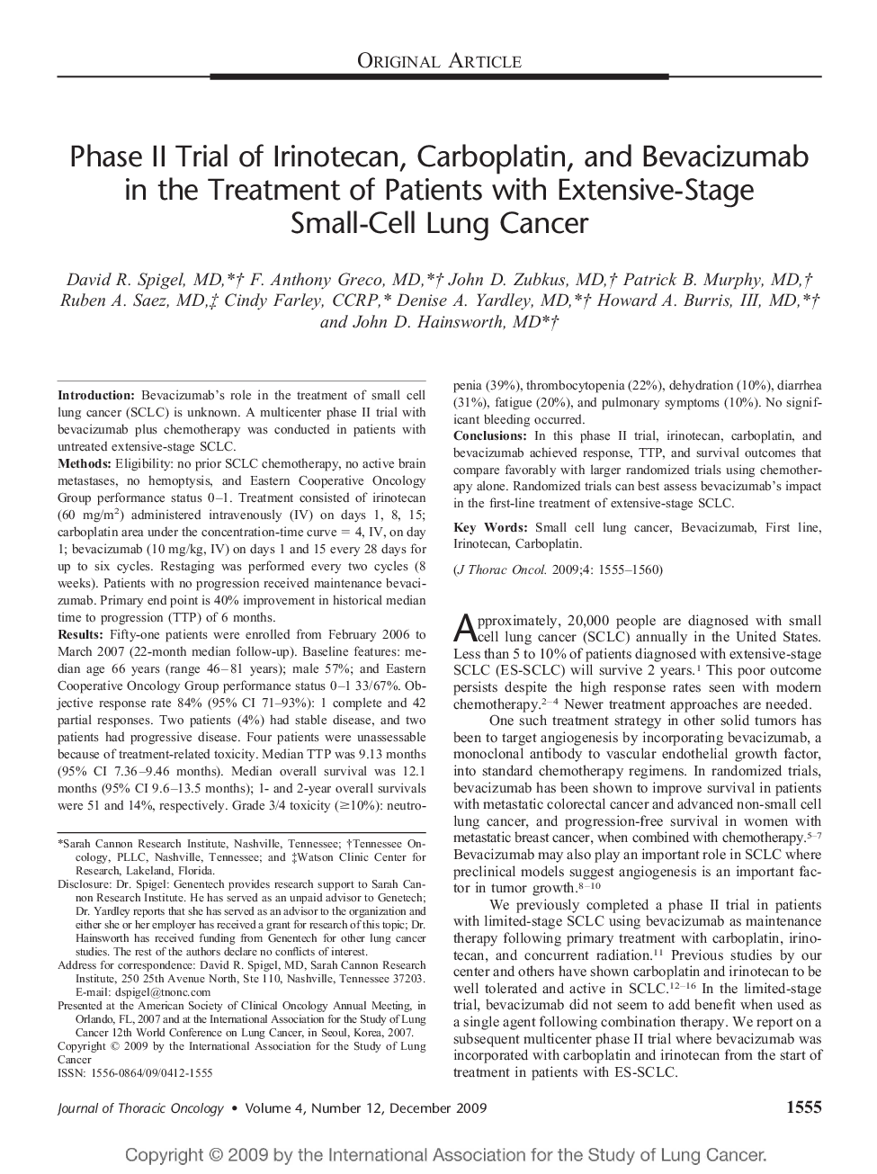 Phase II Trial of Irinotecan, Carboplatin, and Bevacizumab in the Treatment of Patients with Extensive-Stage Small-Cell Lung Cancer 