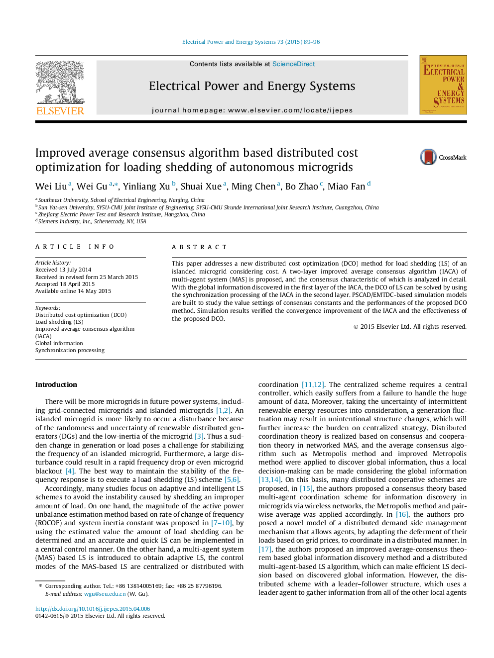 Improved average consensus algorithm based distributed cost optimization for loading shedding of autonomous microgrids