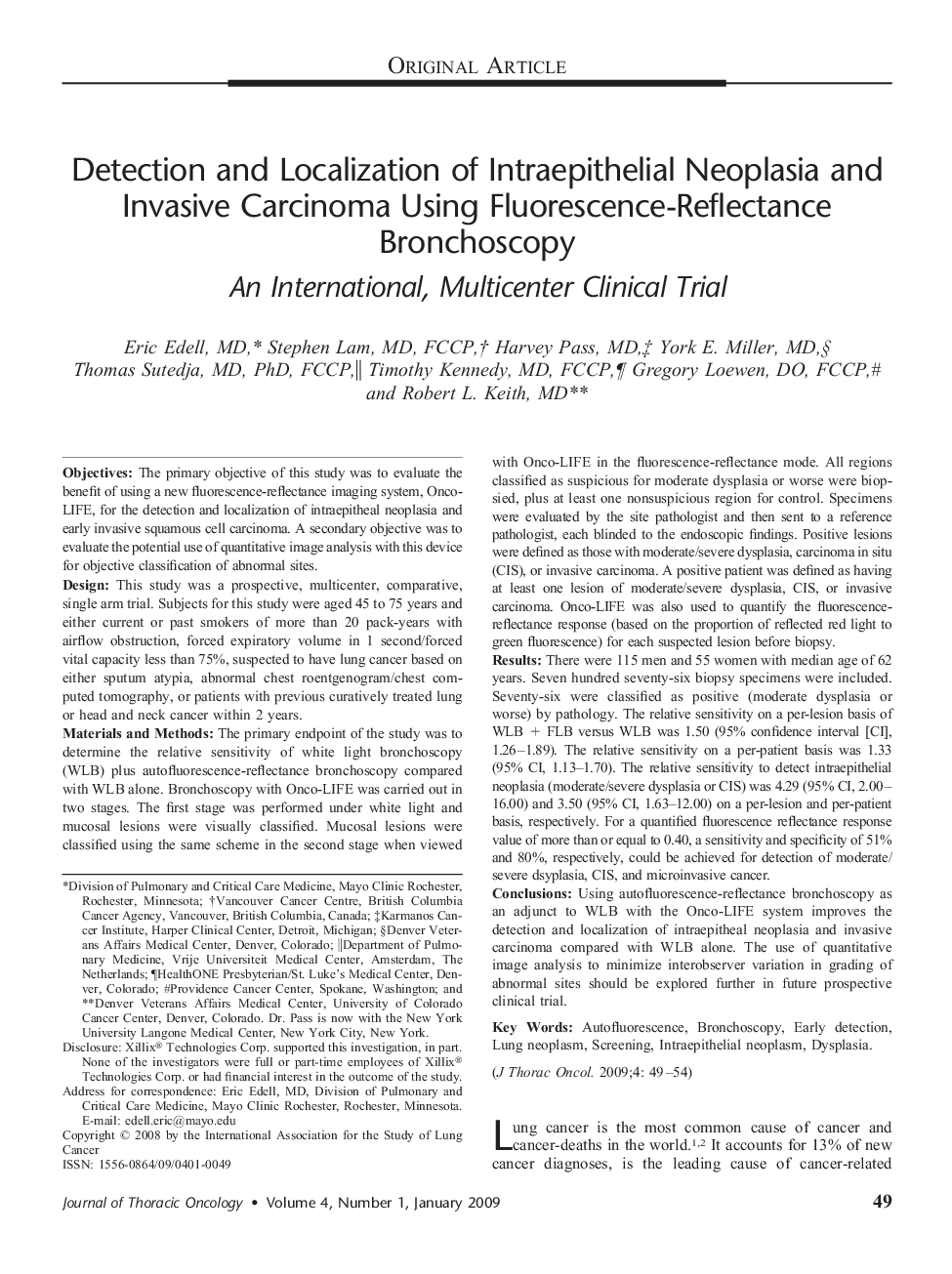 Detection and Localization of Intraepithelial Neoplasia and Invasive Carcinoma Using Fluorescence-Reflectance Bronchoscopy: An International, Multicenter Clinical Trial 