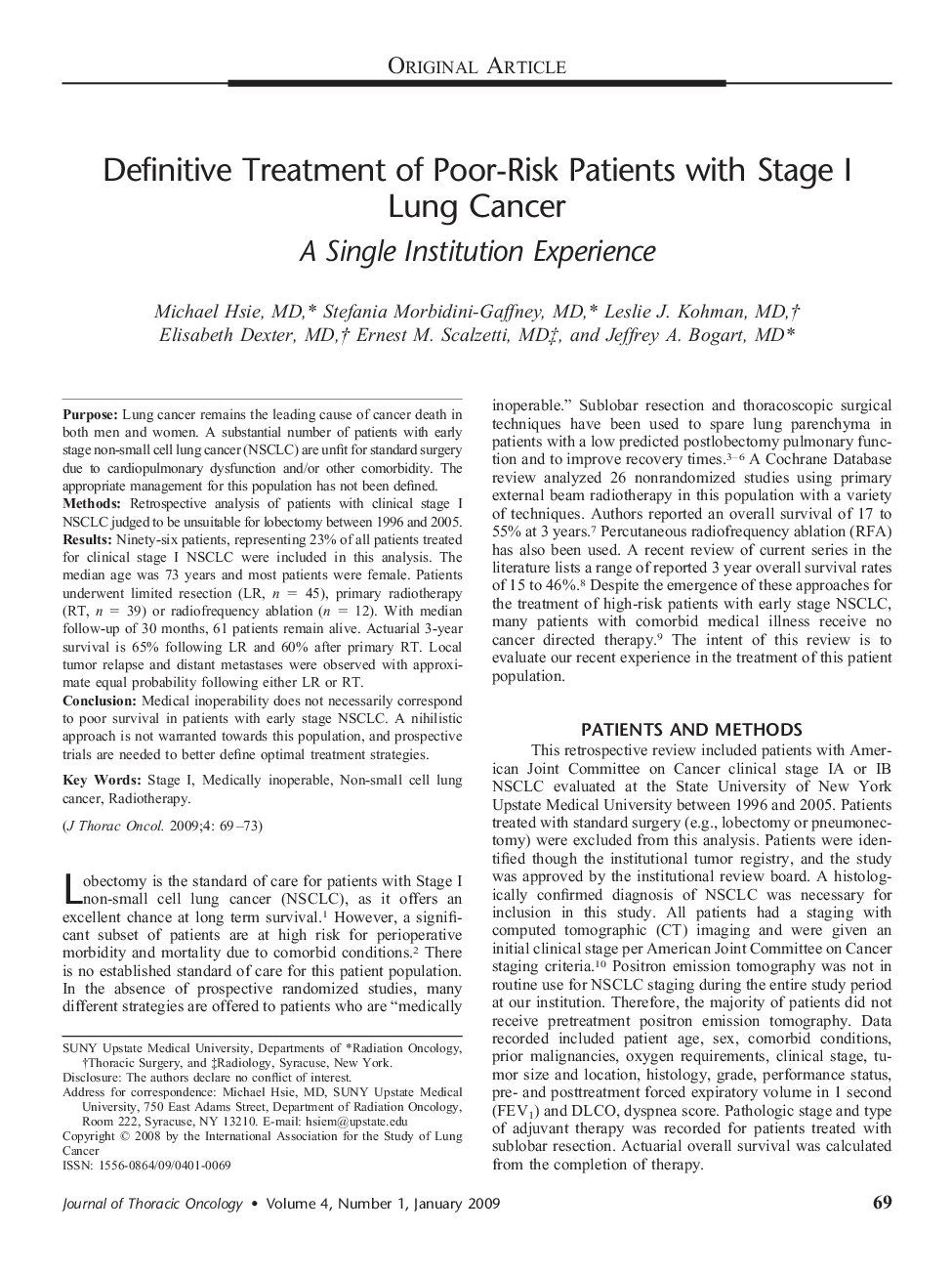 Definitive Treatment of Poor-Risk Patients with Stage I Lung Cancer: A Single Institution Experience 