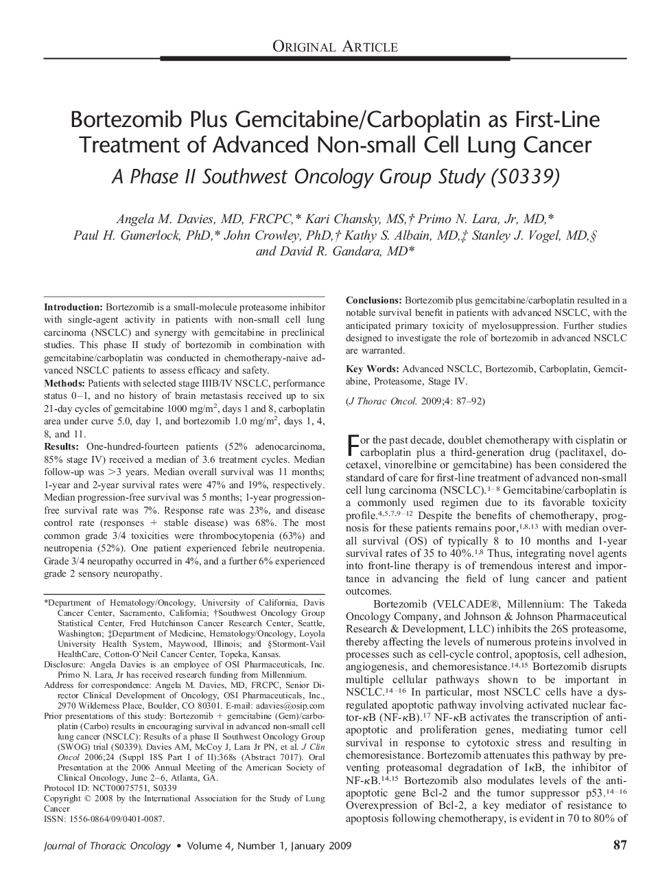 Bortezomib Plus Gemcitabine/Carboplatin as First-Line Treatment of Advanced Non-small Cell Lung Cancer: A Phase II Southwest Oncology Group Study (S0339) 