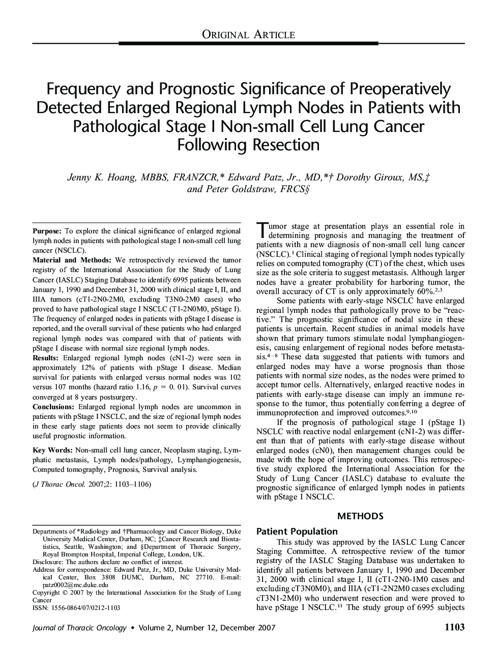 Frequency and Prognostic Significance of Preoperatively Detected Enlarged Regional Lymph Nodes in Patients with Pathological Stage I Non-small Cell Lung Cancer Following Resection 