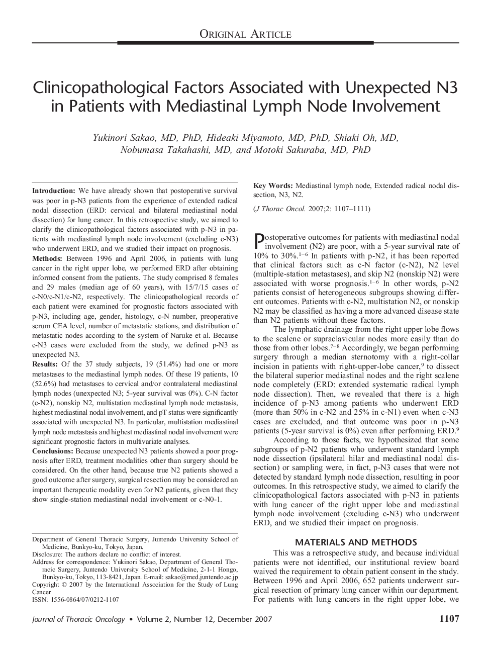 Clinicopathological Factors Associated with Unexpected N3 in Patients with Mediastinal Lymph Node Involvement 