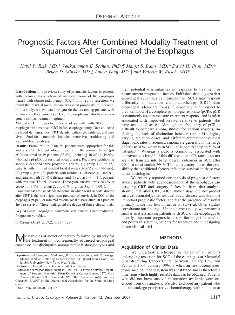 Prognostic Factors After Combined Modality Treatment of Squamous Cell Carcinoma of the Esophagus 