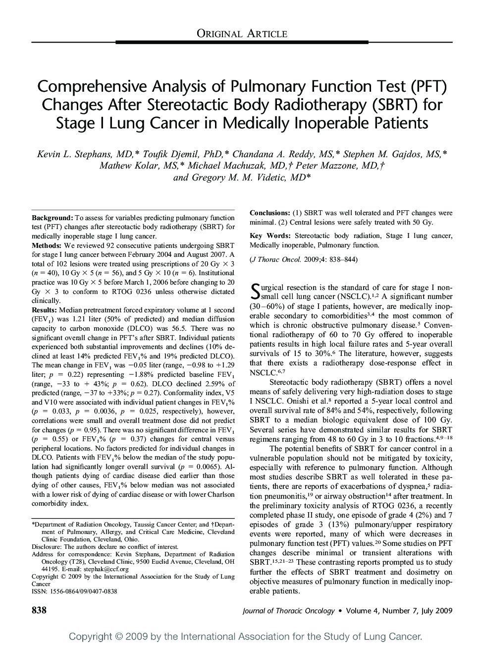 Comprehensive Analysis of Pulmonary Function Test (PFT) Changes After Stereotactic Body Radiotherapy (SBRT) for Stage I Lung Cancer in Medically Inoperable Patients 