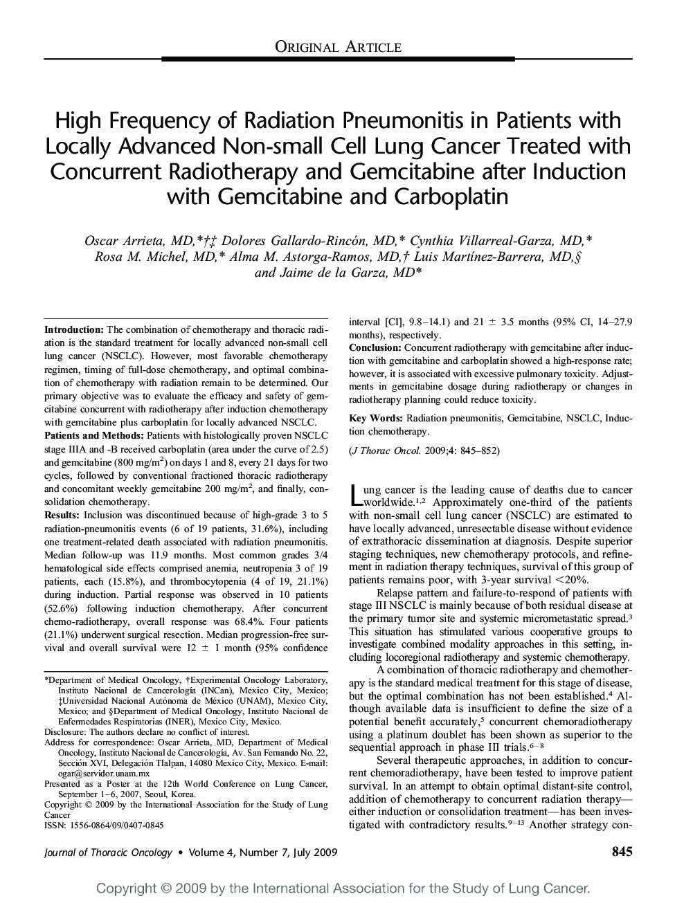 High Frequency of Radiation Pneumonitis in Patients with Locally Advanced Non-small Cell Lung Cancer Treated with Concurrent Radiotherapy and Gemcitabine after Induction with Gemcitabine and Carboplatin 