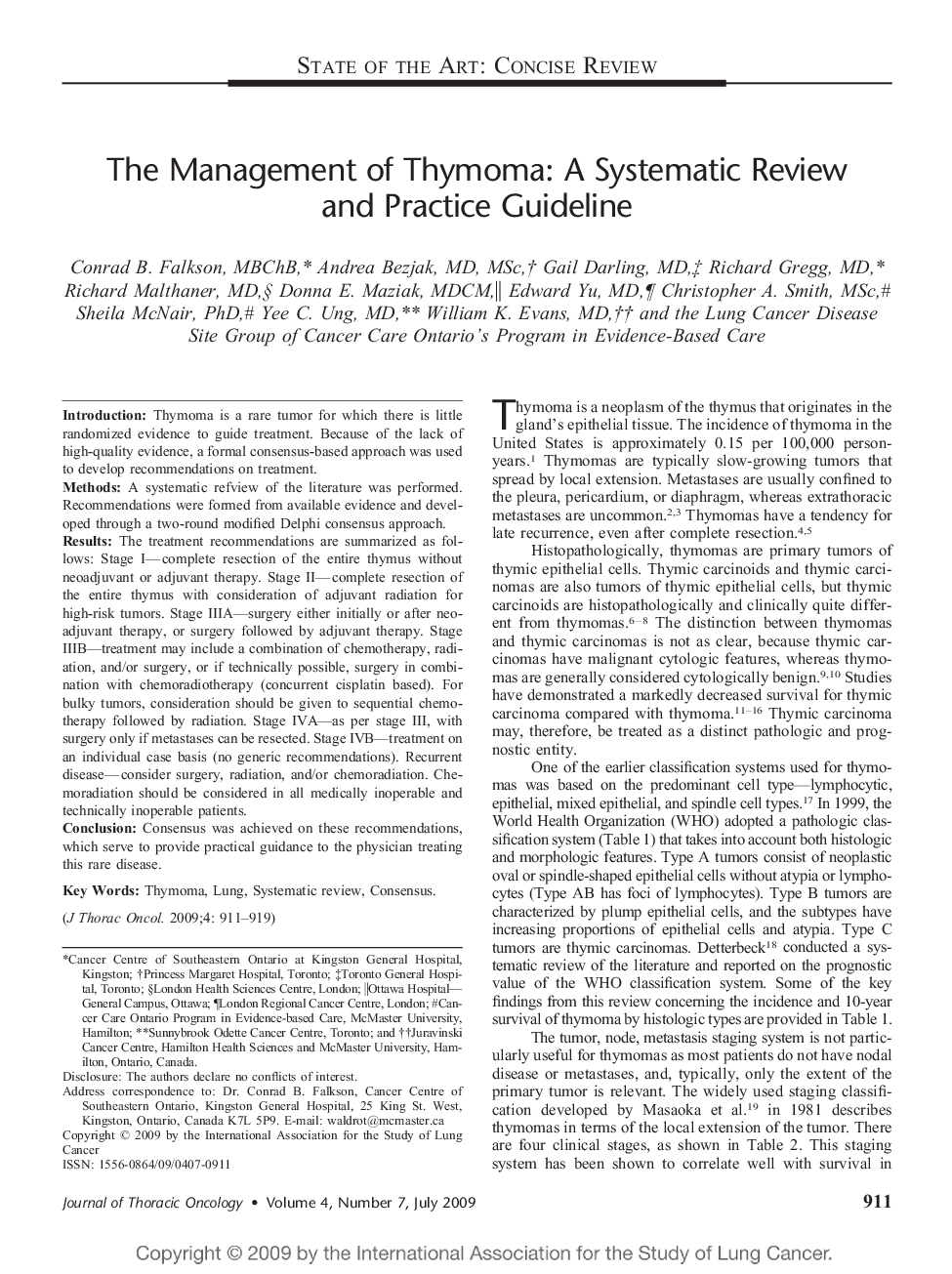 The Management of Thymoma: A Systematic Review and Practice Guideline 