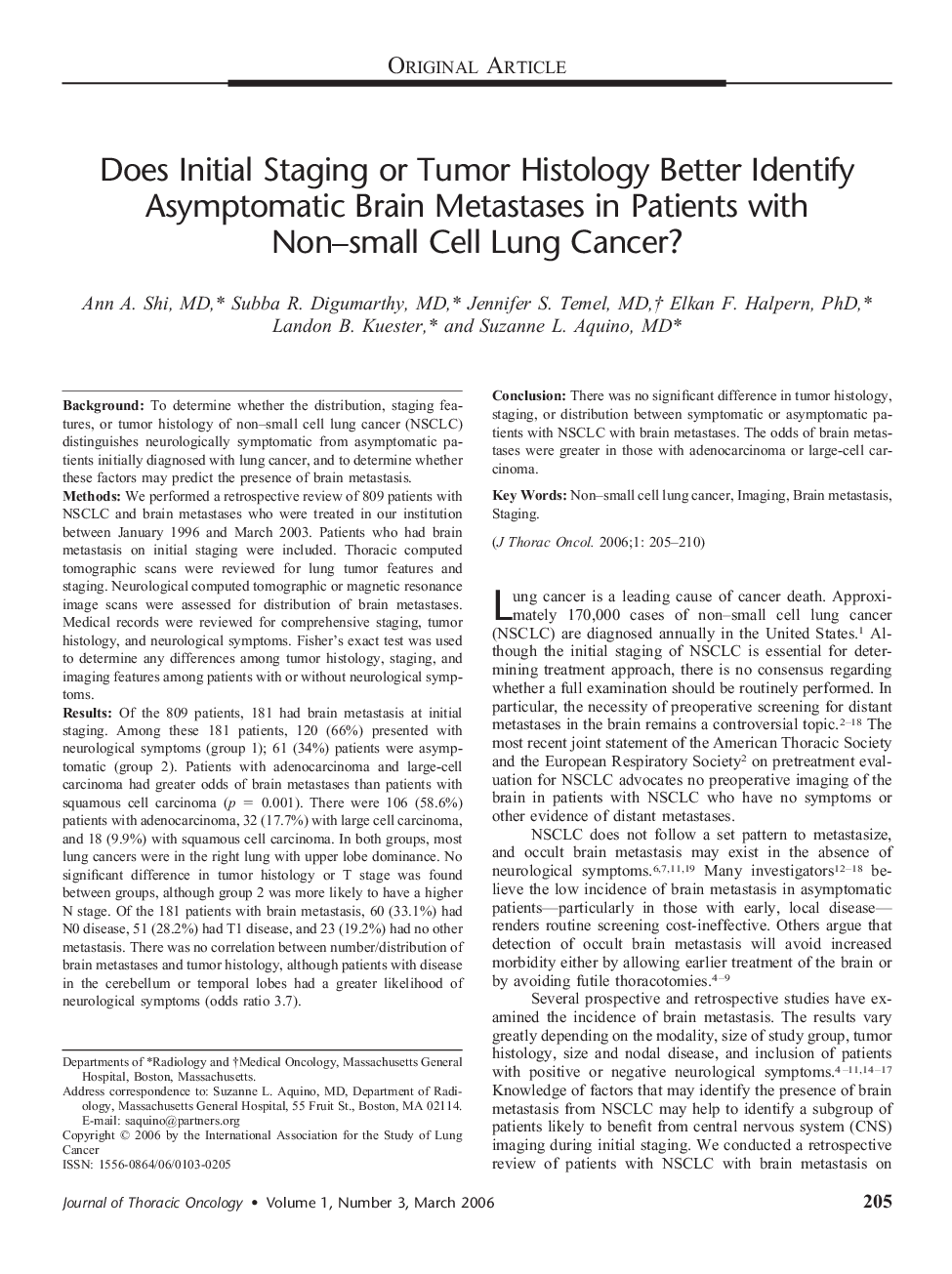 Does Initial Staging or Tumor Histology Better Identify Asymptomatic Brain Metastases in Patients with Non–small Cell Lung Cancer?