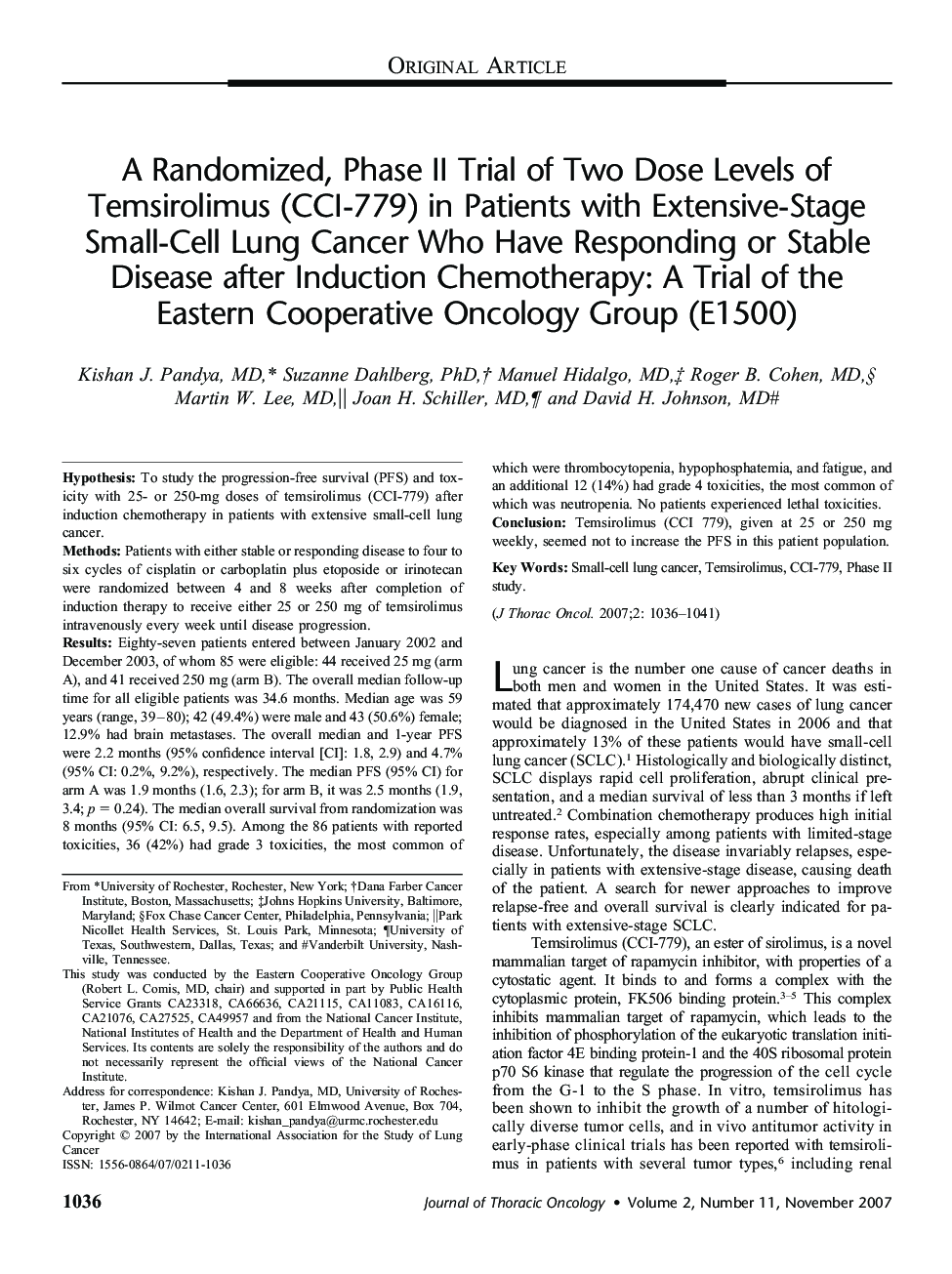 A Randomized, Phase II Trial of Two Dose Levels of Temsirolimus (CCI-779) in Patients with Extensive-Stage Small-Cell Lung Cancer Who Have Responding or Stable Disease after Induction Chemotherapy: A Trial of the Eastern Cooperative Oncology Group (E1500)