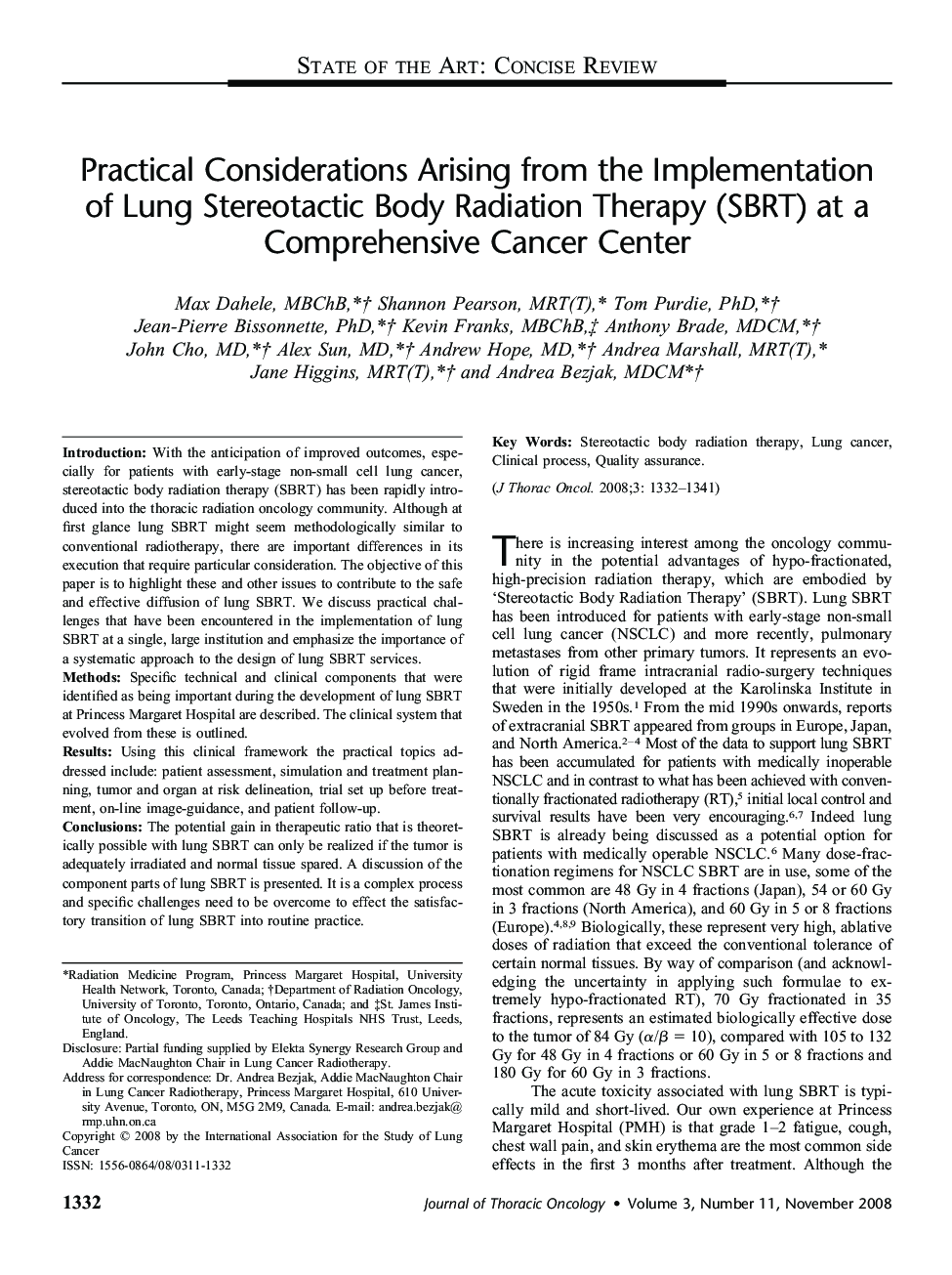 Practical Considerations Arising from the Implementation of Lung Stereotactic Body Radiation Therapy (SBRT) at a Comprehensive Cancer Center 
