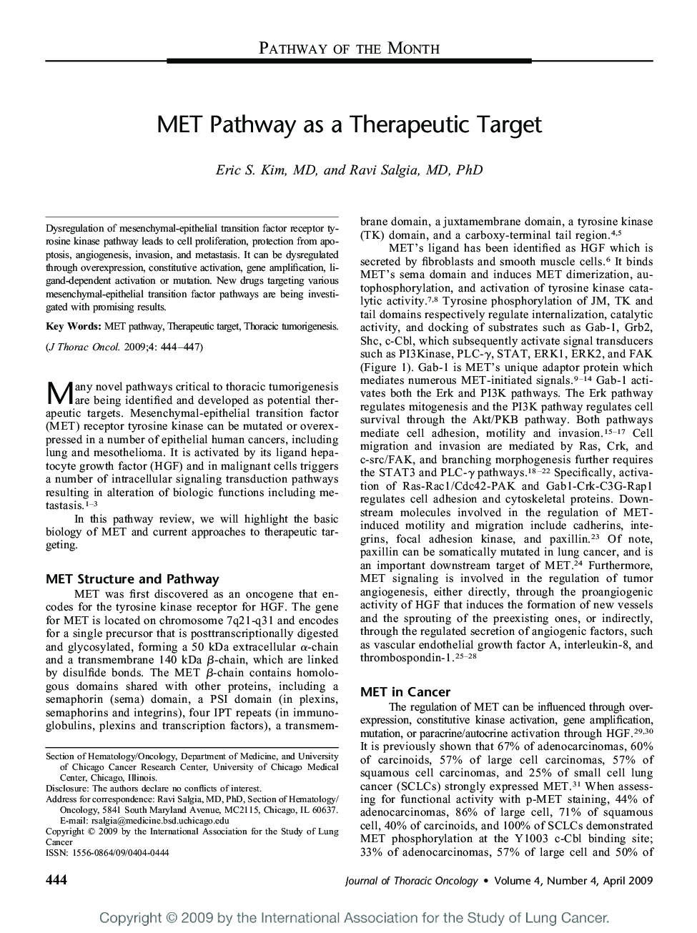 MET Pathway as a Therapeutic Target 