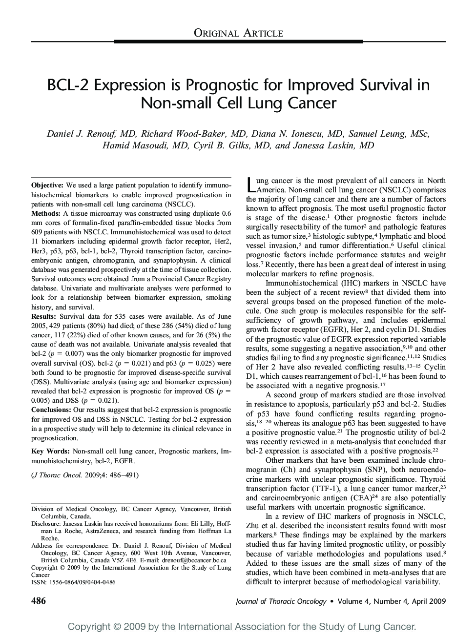 BCL-2 Expression is Prognostic for Improved Survival in Non-small Cell Lung Cancer 