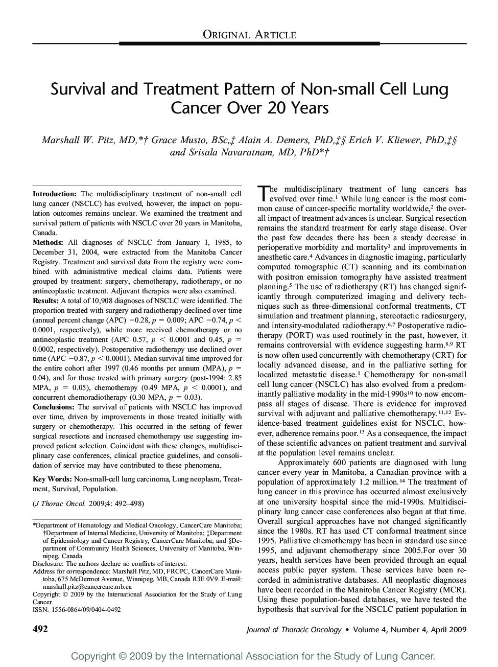 Survival and Treatment Pattern of Non-small Cell Lung Cancer Over 20 Years 