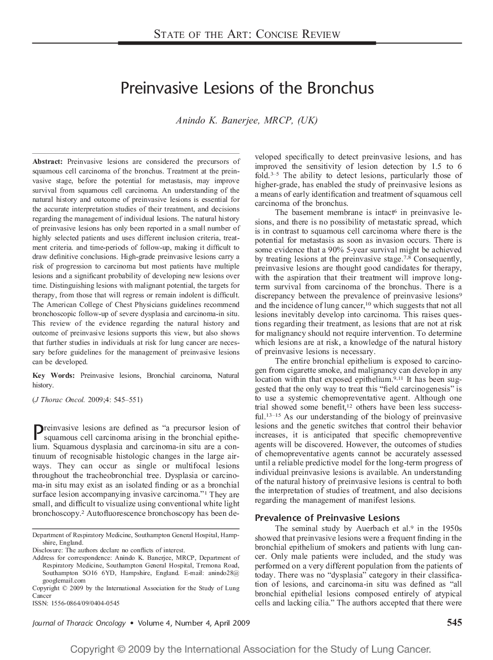 Preinvasive Lesions of the Bronchus 