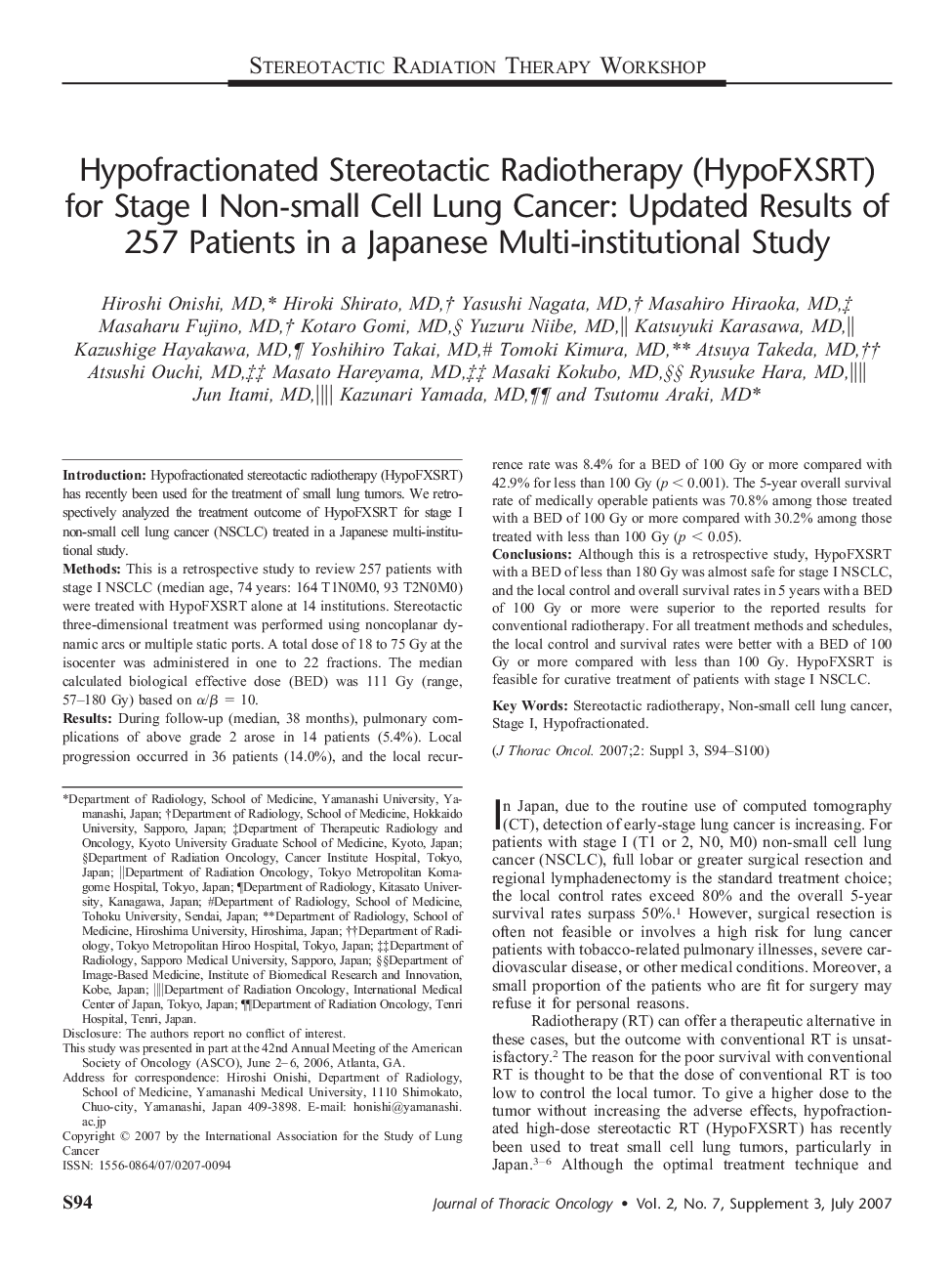 Hypofractionated Stereotactic Radiotherapy (HypoFXSRT) for Stage I Non-small Cell Lung Cancer: Updated Results of 257 Patients in a Japanese Multi-institutional Study 