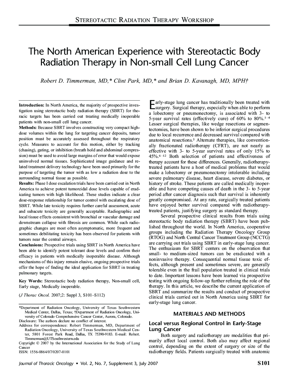 The North American Experience with Stereotactic Body Radiation Therapy in Non-small Cell Lung Cancer 