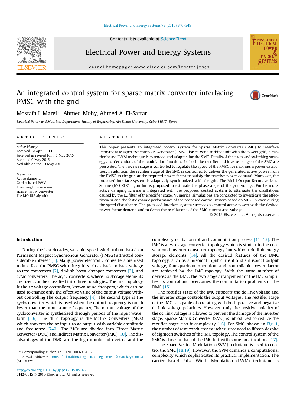 An integrated control system for sparse matrix converter interfacing PMSG with the grid