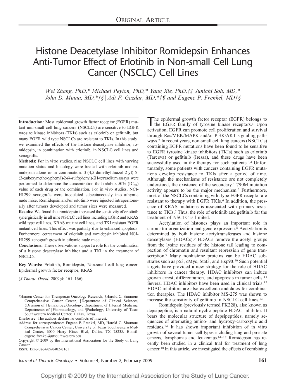 Histone Deacetylase Inhibitor Romidepsin Enhances Anti-Tumor Effect of Erlotinib in Non-small Cell Lung Cancer (NSCLC) Cell Lines