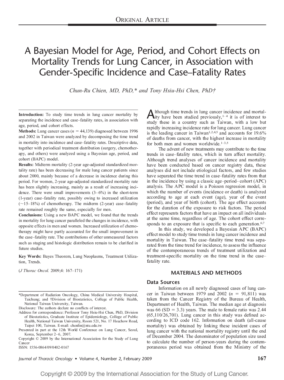 A Bayesian Model for Age, Period, and Cohort Effects on Mortality Trends for Lung Cancer, in Association with Gender-Specific Incidence and Case–Fatality Rates 