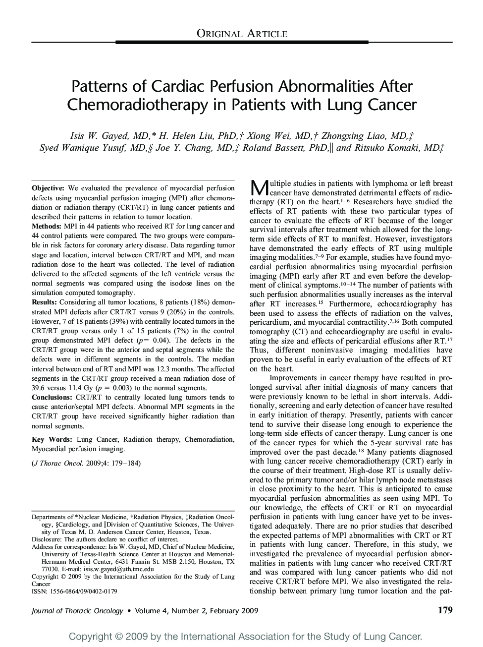 Patterns of Cardiac Perfusion Abnormalities After Chemoradiotherapy in Patients with Lung Cancer 