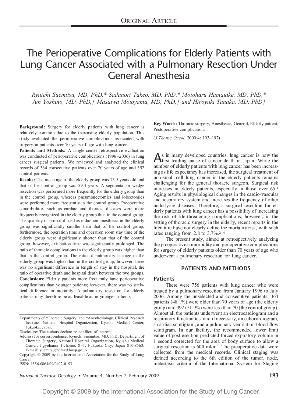 The Perioperative Complications for Elderly Patients with Lung Cancer Associated with a Pulmonary Resection Under General Anesthesia 