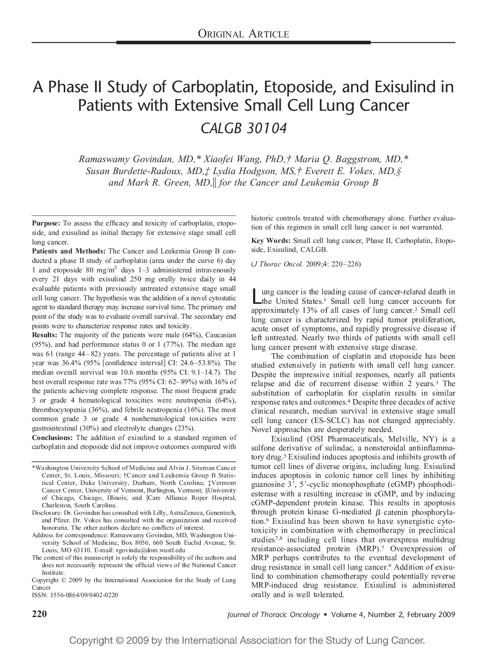 A Phase II Study of Carboplatin, Etoposide, and Exisulind in Patients with Extensive Small Cell Lung Cancer: CALGB 30104 