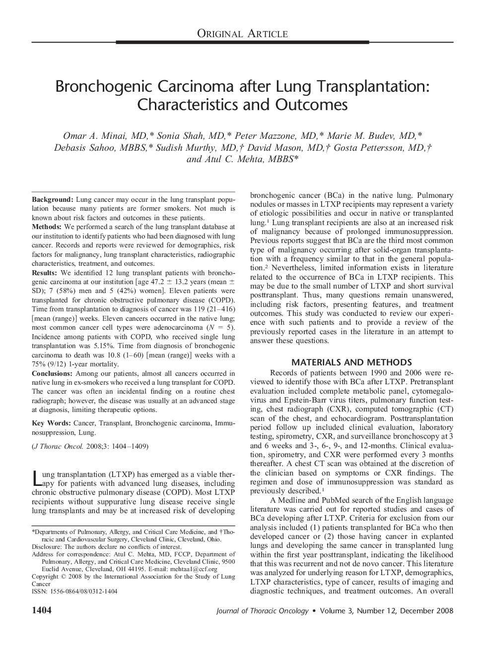 Bronchogenic Carcinoma after Lung Transplantation: Characteristics and Outcomes 