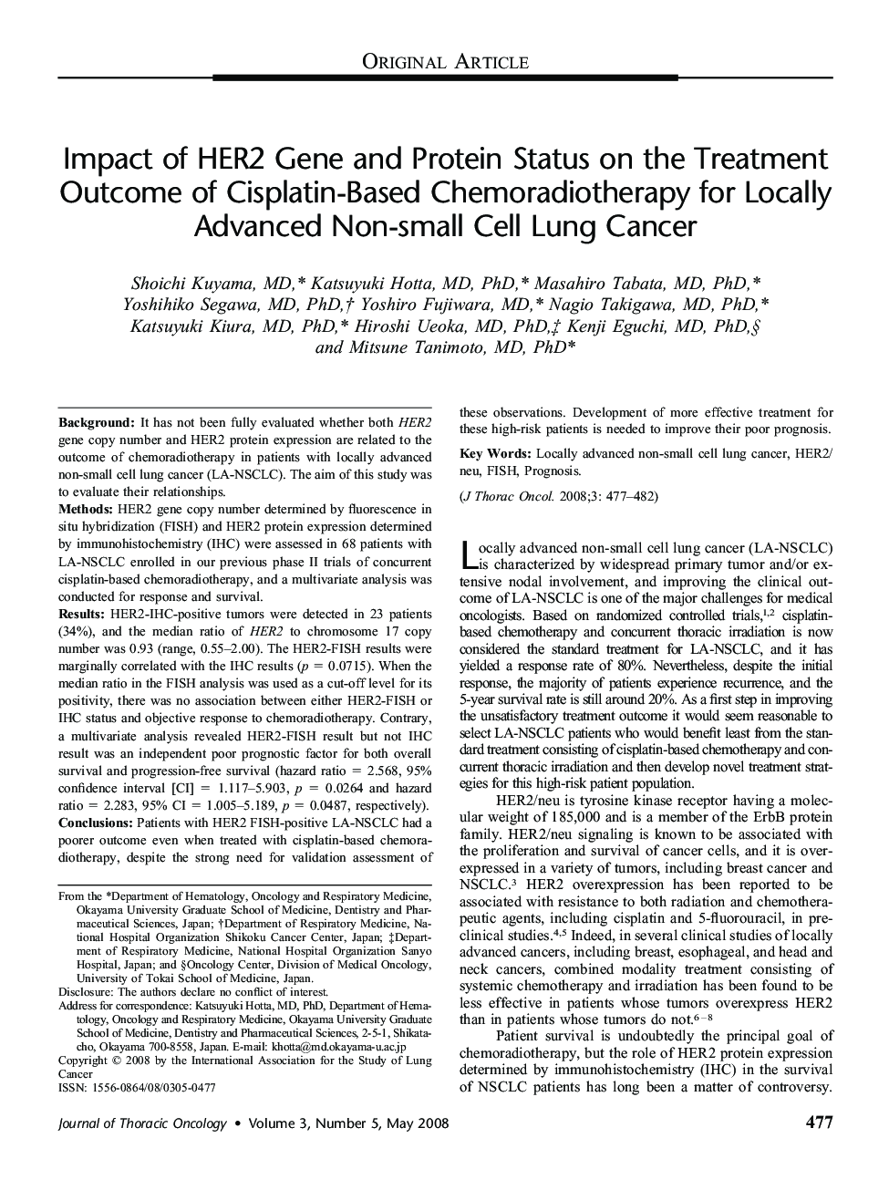 Impact of HER2 Gene and Protein Status on the Treatment Outcome of Cisplatin-Based Chemoradiotherapy for Locally Advanced Non-small Cell Lung Cancer