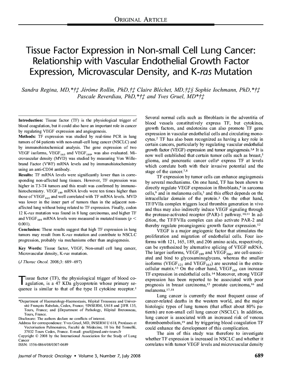 Tissue Factor Expression in Non-small Cell Lung Cancer: Relationship with Vascular Endothelial Growth Factor Expression, Microvascular Density, and K-ras Mutation 