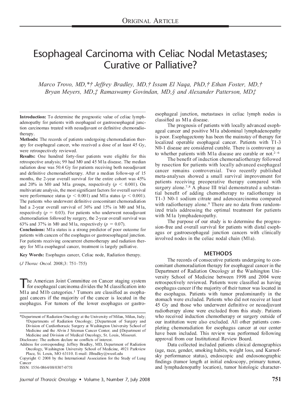 Esophageal Carcinoma with Celiac Nodal Metastases; Curative or Palliative? 