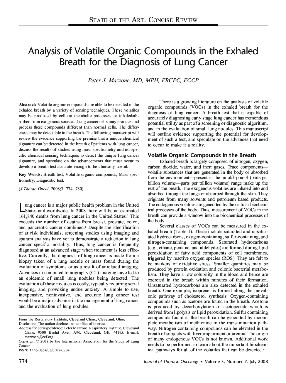 Analysis of Volatile Organic Compounds in the Exhaled Breath for the Diagnosis of Lung Cancer 