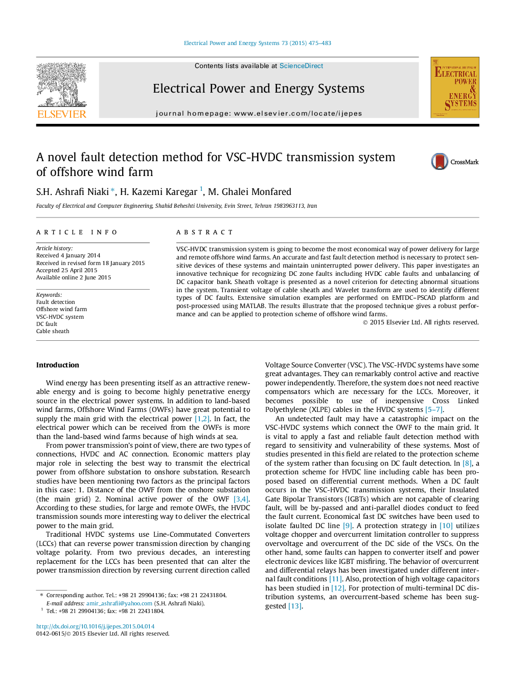 A novel fault detection method for VSC-HVDC transmission system of offshore wind farm